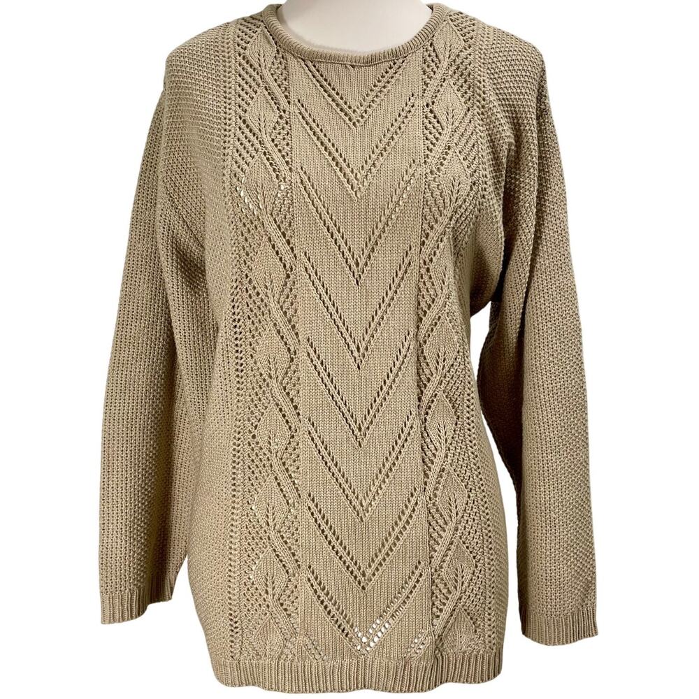 Vintage 90s Cable Knit Sweater LEA Apparel Beige Crewneck Size Large U.S.A